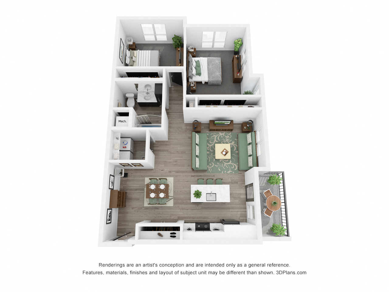 Floor plan for 2 beds, 1 bath, 995 sqft